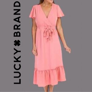LUCKY BRAND Rose Pink Ruffled Midi Dress, NEW
